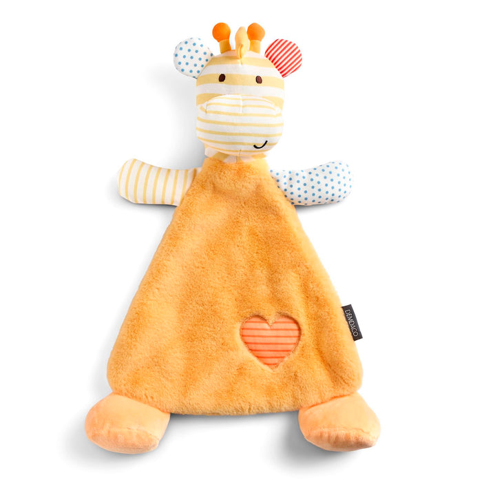 Plush toy giraffe with a heart on a white background