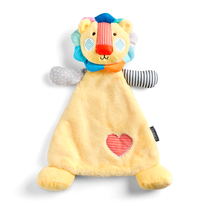 Colorful lion-shaped plush toy with a heart on a white background