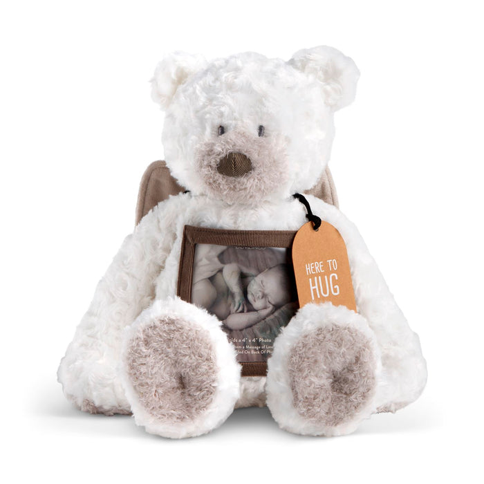 White teddy bear with a photo inside and 'Here to Hug' tag on a white background
