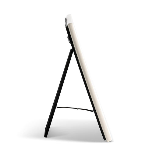 White easel with black stand on a white background