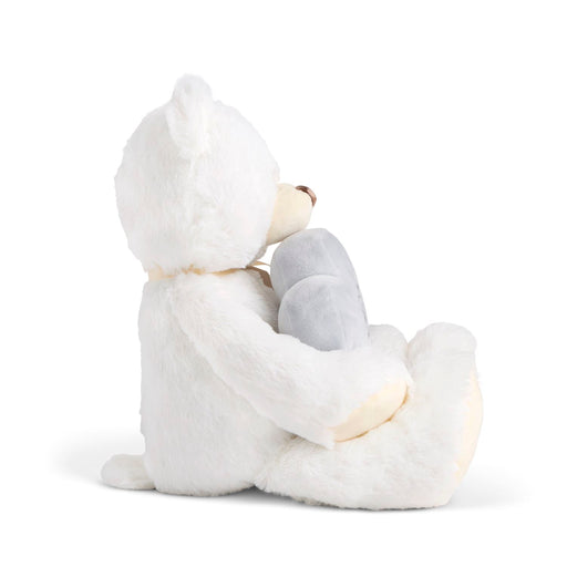 White plush bear with a heart on a white background