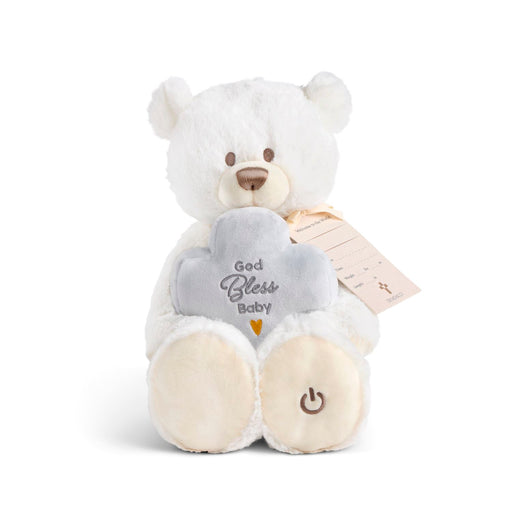 White teddy bear with a gray heart that says 'God Bless Baby' on a white background