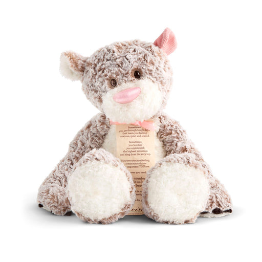 Plush teddy bear with a message card inside on a white background