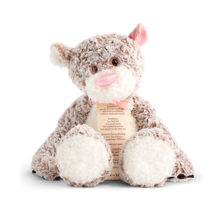 Plush teddy bear with a message card inside on a white background