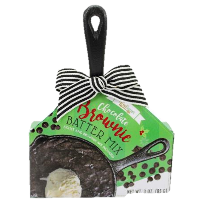 Chocolate brownie batter mix packaging with a black and white striped bow on a white background