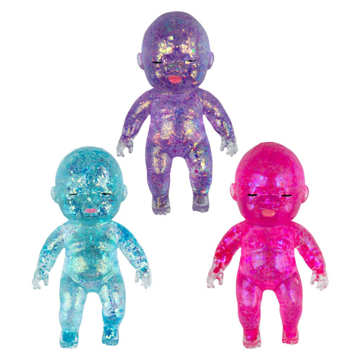 Three colorful baby dolls in blue, purple, and pink on a white background