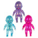 Three colorful baby dolls in blue, purple, and pink on a white background