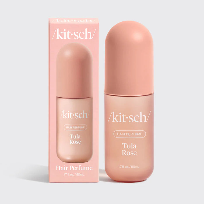 Kit-sch Tula Rose hair perfume bottle and packaging on a light gray background