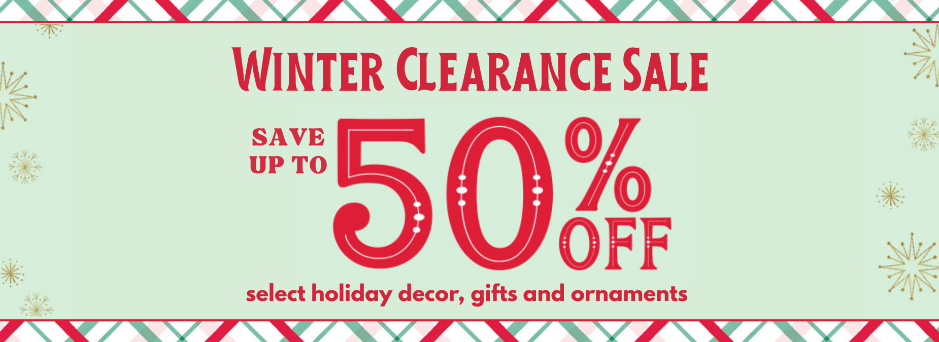 Winter clearance sale banner with text and decorative elements on a light green background