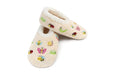 A pair of cream-colored plush fleece slipper shoes decorated with colorful embroidered bumblebees, ladybugs, a butterfly, and a snail, shown on a plain white background.