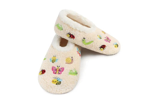 A pair of cream-colored plush fleece slipper shoes decorated with colorful embroidered bumblebees, ladybugs, a butterfly, and a snail, shown on a plain white background.