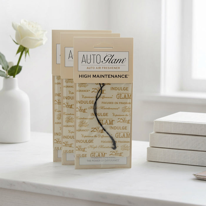 Tyler High Maintenance Autoglam Air Freshener with a hanging design, featuring a luxurious floral and patchouli fragrance for long-lasting freshness in cars and small spaces.