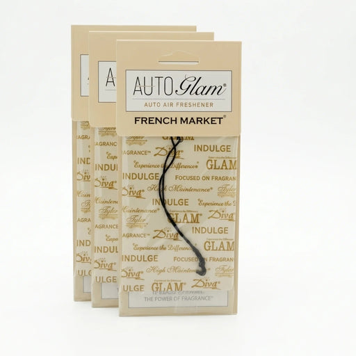 Three Auto Glam auto air freshener packages with a white background