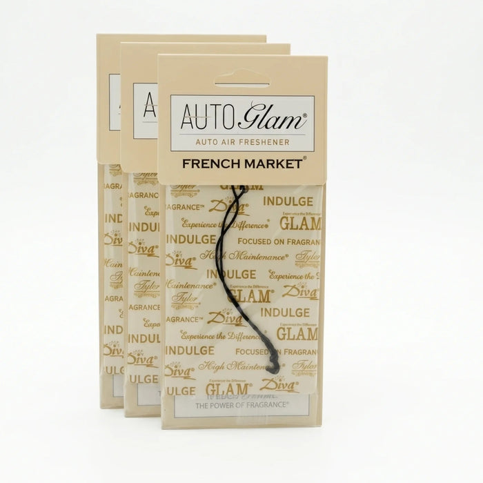 Three Auto Glam auto air freshener packages with a white background