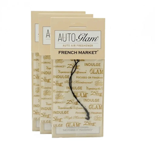 Auto air freshener packaging with 'Auto Glam' branding on a white surface.