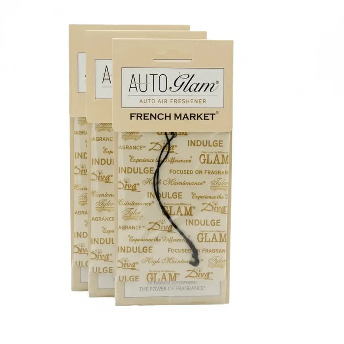 Auto air freshener packaging with 'Auto Glam' branding on a white surface.