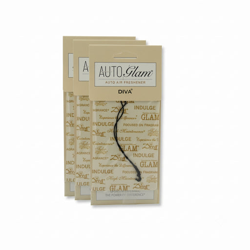 Three Auto Glam auto air freshener packages on a white background