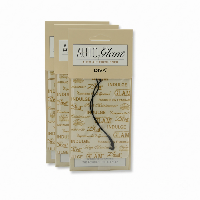 Three Auto Glam auto air freshener packages on a white background