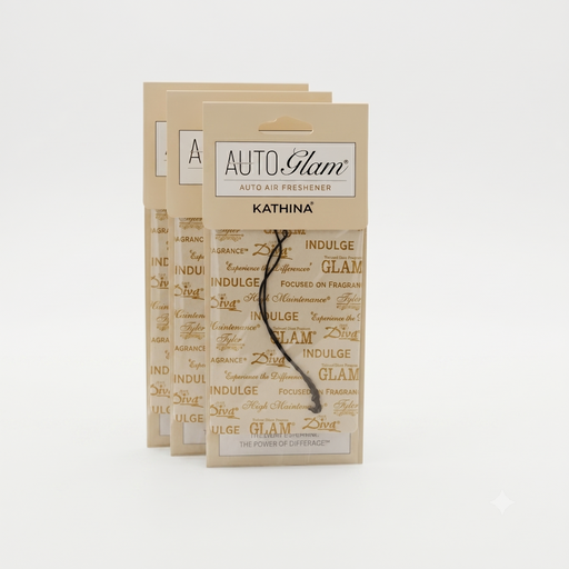 Auto Glam air freshener packaging with text on a white background