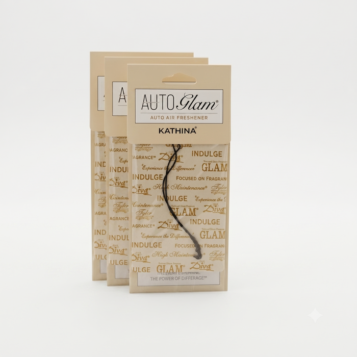 Auto Glam air freshener packaging with text on a white background