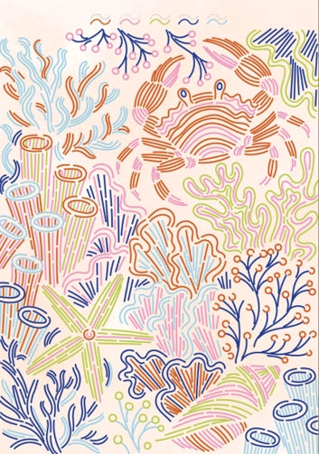 Colorful illustration of marine life including a crab, starfish, and various sea plants on a light pink background.