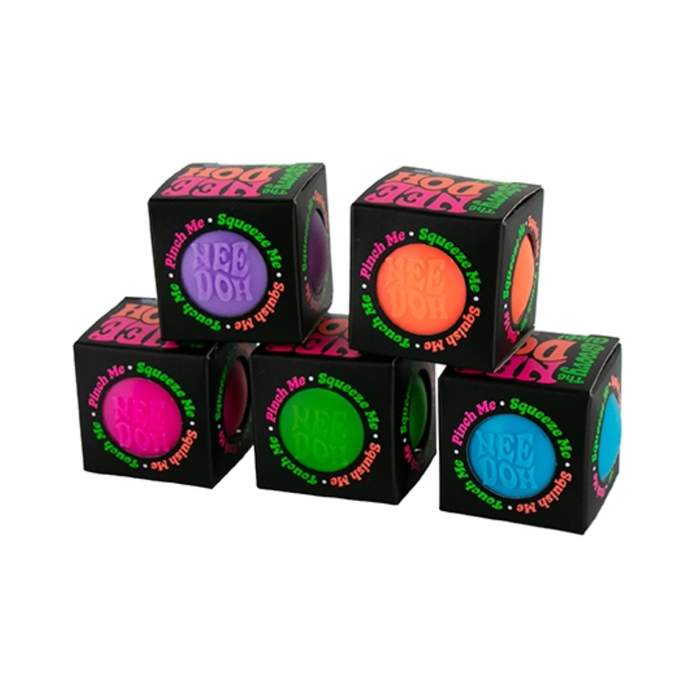 Colorful cube-shaped toys with different colored sides on a white background