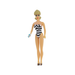 Toy figure of a woman in a black and white striped swimsuit on a white background