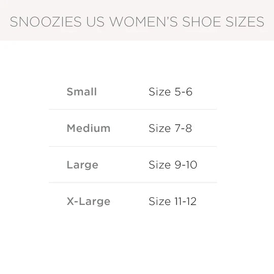 A size chart graphic for Snoozies US Women's Shoe Sizes, showing a table mapping Small, Medium, Large, and X-Large to shoe sizes 5-6, 7-8, 9-10, and 11-12.