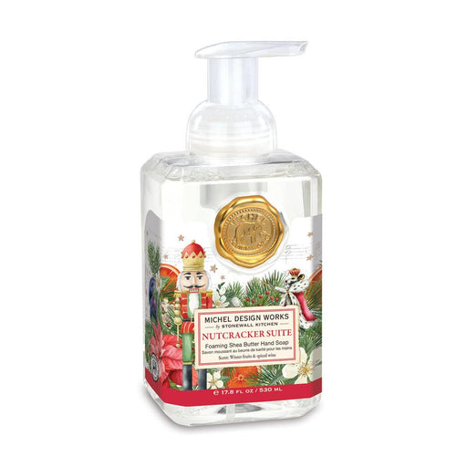 Foaming hand soap bottle with Nutcracker Suite design on a white background