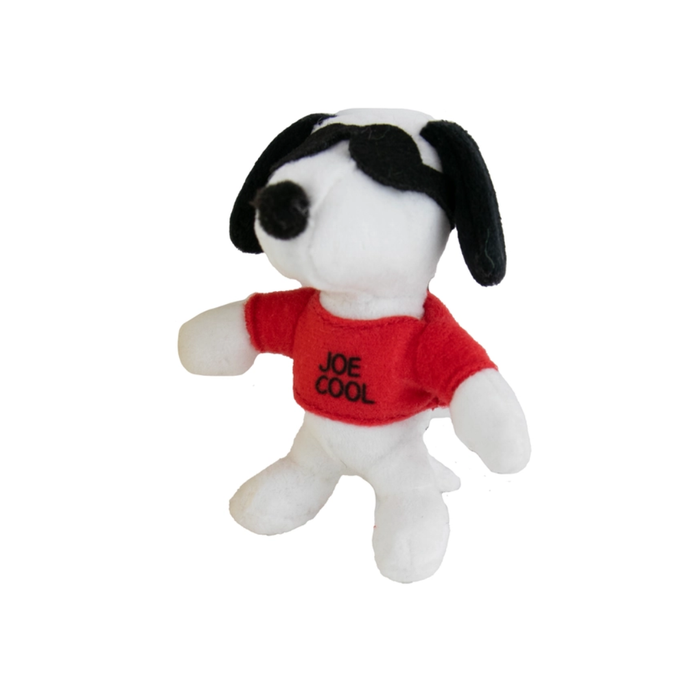Plush dog toy with a red shirt labeled 'Joe Cool' on a white background