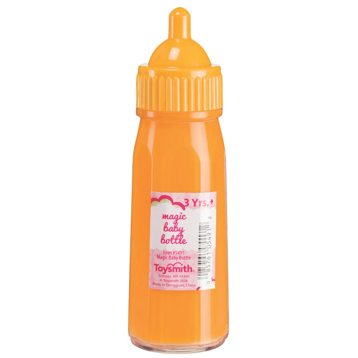 Orange toy baby bottle with yellow cap on a white background