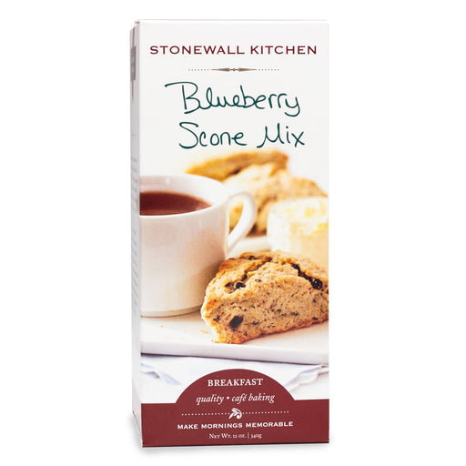 Stonewall Kitchen Blueberry Scone Mix packaging with a cup of tea and scones on a white background.