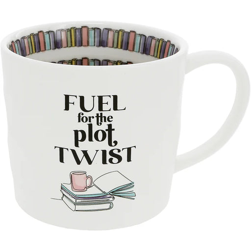 Mug with 'Fuel for the Plot Twist' text and book-themed design on a white background