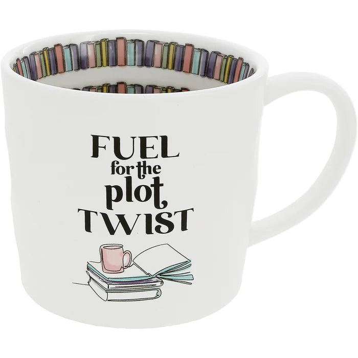 Mug with 'Fuel for the Plot Twist' text and book-themed design on a white background