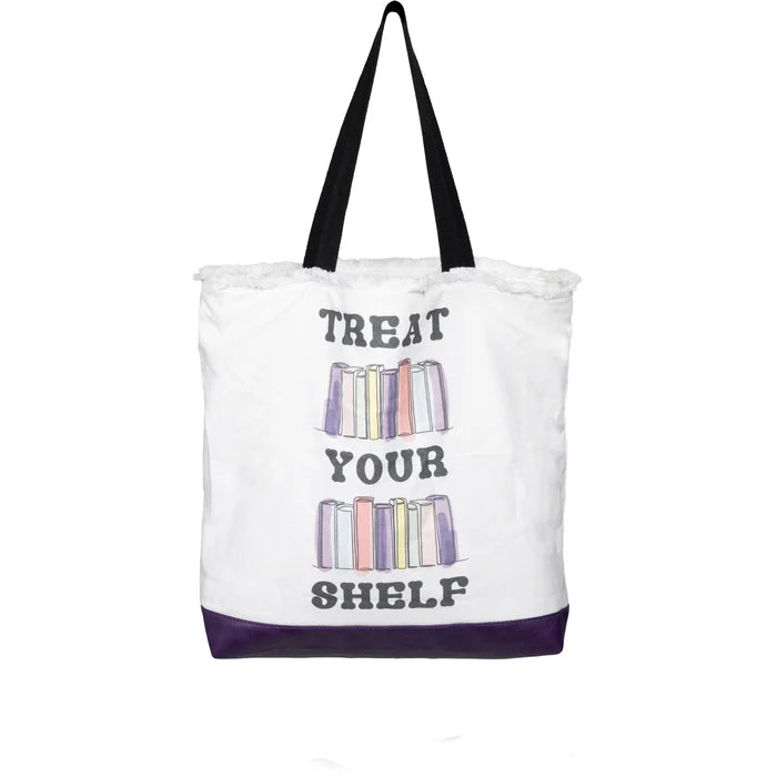 Tote bag with 'Treat Your Shelf' text and book illustrations on a white background