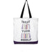 Tote bag with 'Treat Your Shelf' text and book illustrations on a white background