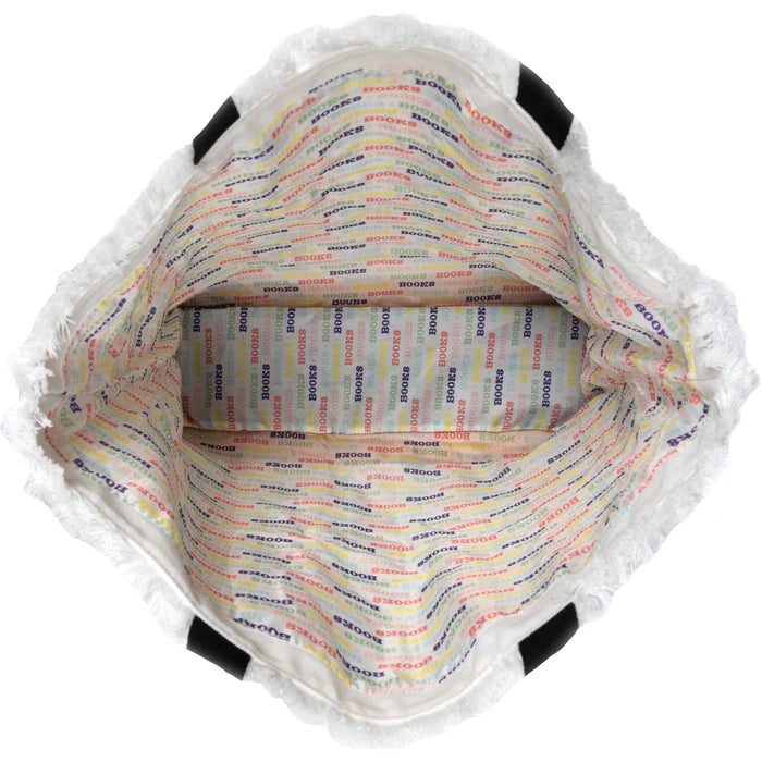 Close-up of a baby car seat with colorful text pattern on the cover.