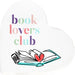 Heart-shaped sticker with 'book lovers club' text and an open book with a heart on a white background.