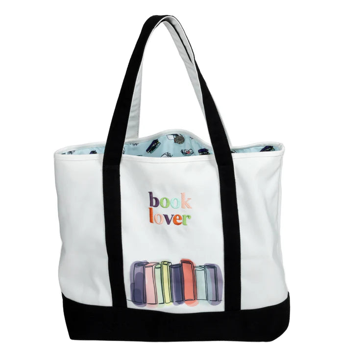 White tote bag with black handles and colorful 'book lover' design on a white background