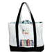 White tote bag with black handles and colorful 'book lover' design on a white background