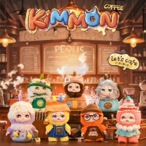 Toy figures in a coffee-themed setting with 'Kimmon Coffee' branding.