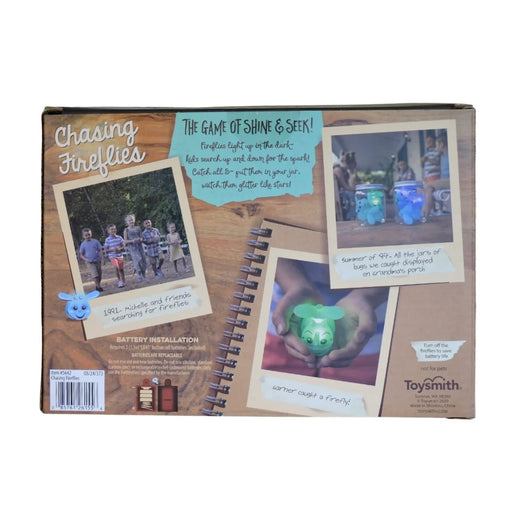 Toy packaging for 'Chasing Fireflies' by Toysmith with images of children playing and a glowing green toy.