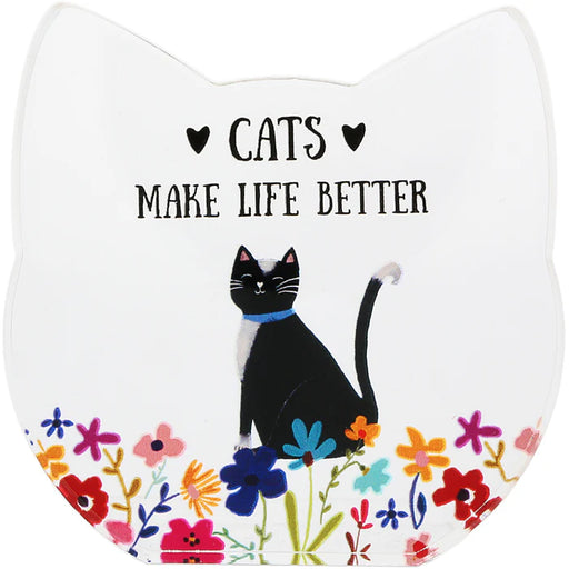 Cat-shaped cushion with a black cat illustration, colorful flowers, and 'Cats Make Life Better' text on a white background.