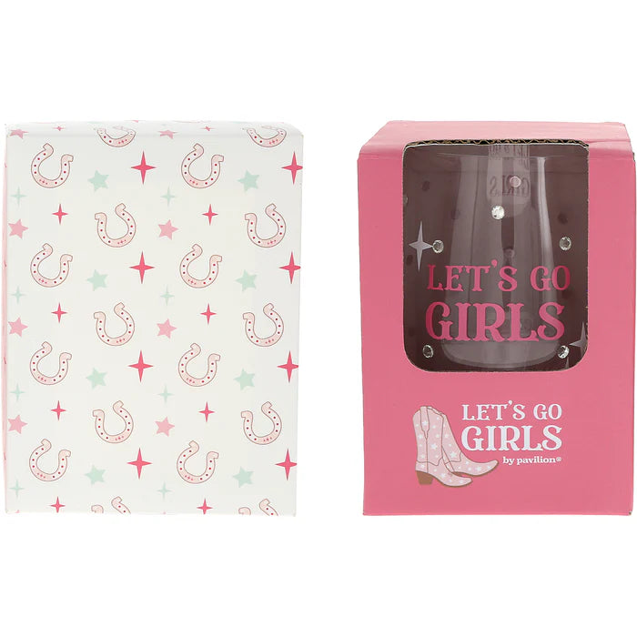 Pink packaging with 'Let's Go Girls' text and horse shoe pattern on a white background