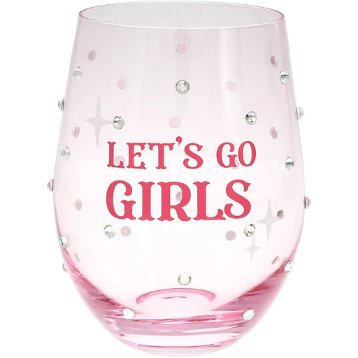 Pink stemless wine glass with 'LET'S GO GIRLS' text and decorative beads on a white background