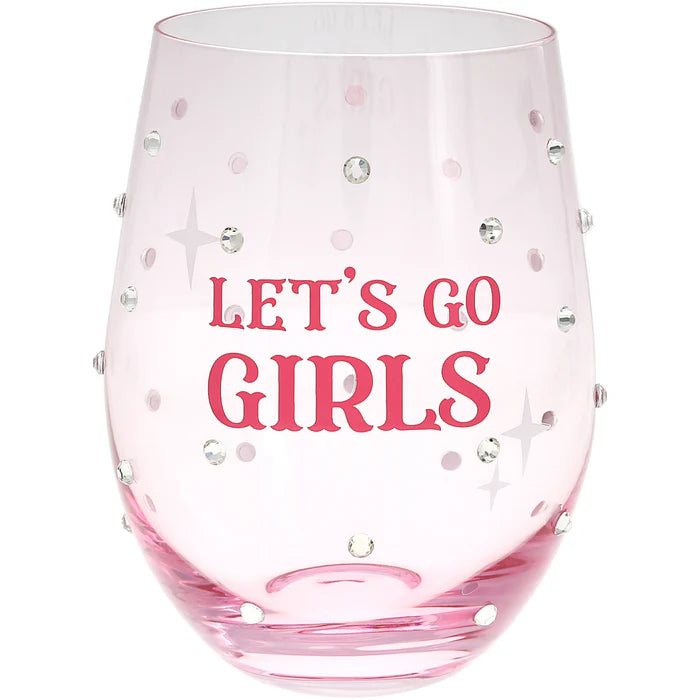 Pink stemless wine glass with 'LET'S GO GIRLS' text and decorative beads on a white background