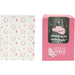 Packaging with horse shoe pattern and pink box with text and graphics.