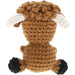 Crocheted toy cow with brown body, white antlers, and black hooves on a white background