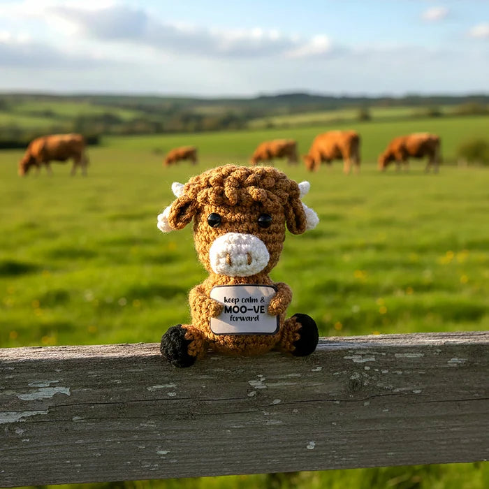A crocheted brown cow toy sits on a weathered wooden fence in a green field, with blurred cows and hills in the background. The toy holds a small sign that reads 'keep calm & MOO-VE forward'.