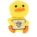 A yellow crocheted duck plush toy holding a cream-colored sign that reads 'you're DUCKING incredible keep doing YOU'. The toy has black bead eyes and orange accents on its beak and feet, set against a plain white background.